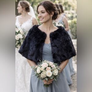 Tevolio Black Faux Fur Capelet | Elegant Wedding Evening Wrap